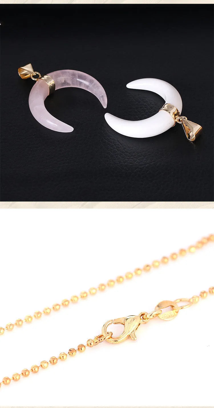 Natural semi-precious stone moon pendant necklace on a 45cm copper chain, shown in pink and purple colour options.