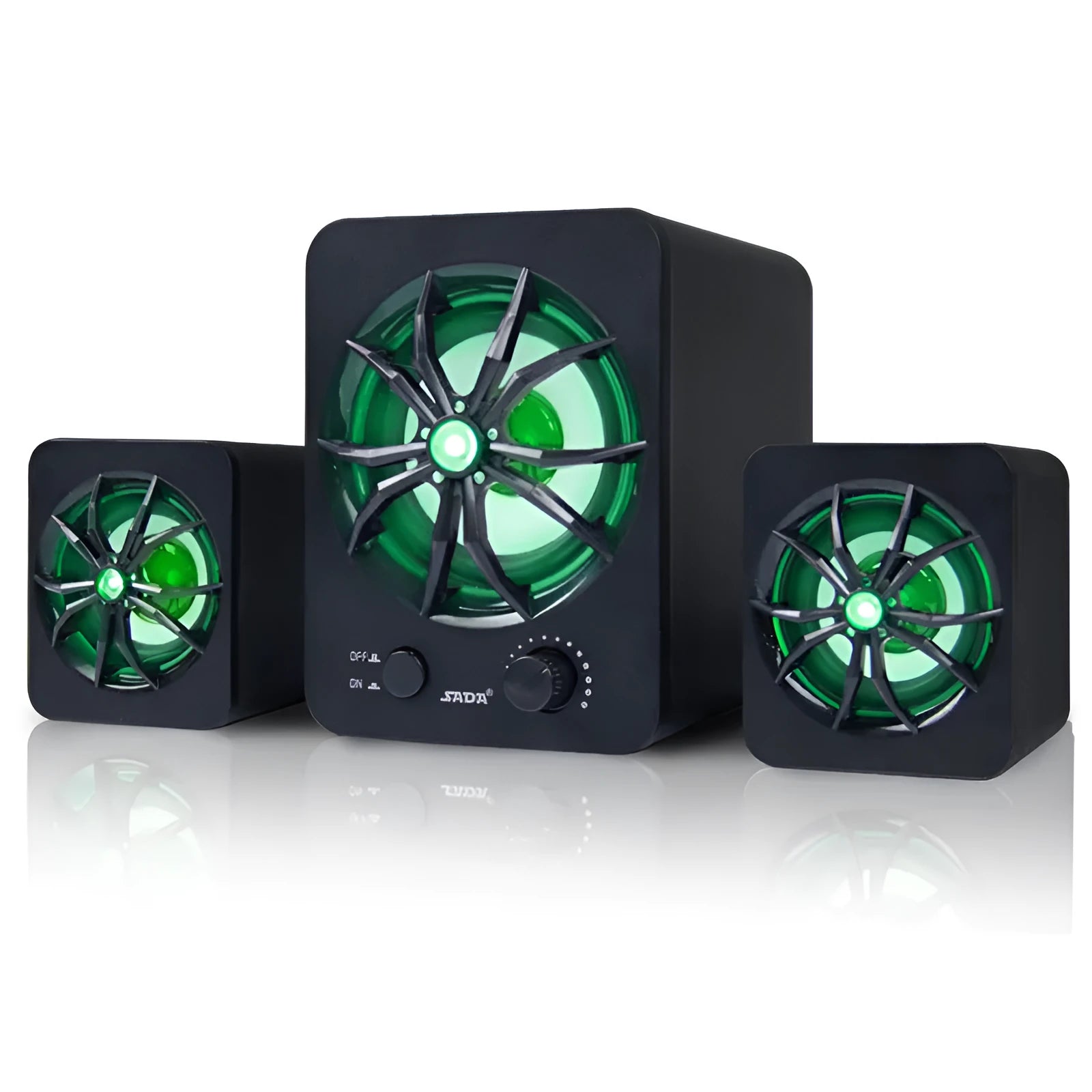 Green USB computer speaker with LED lights showing 2.1 audio system and 150 cm cable