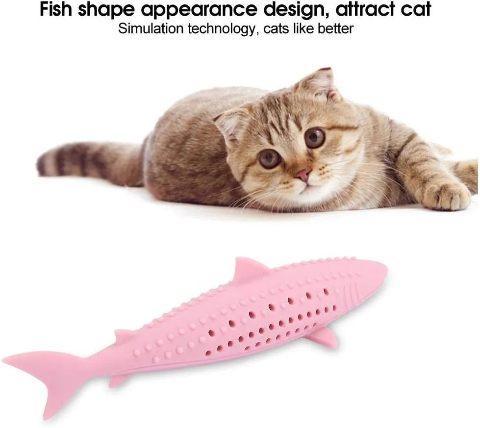 Green silicone fish-shaped chew toy for cats on a white background, showing side breathable holes.