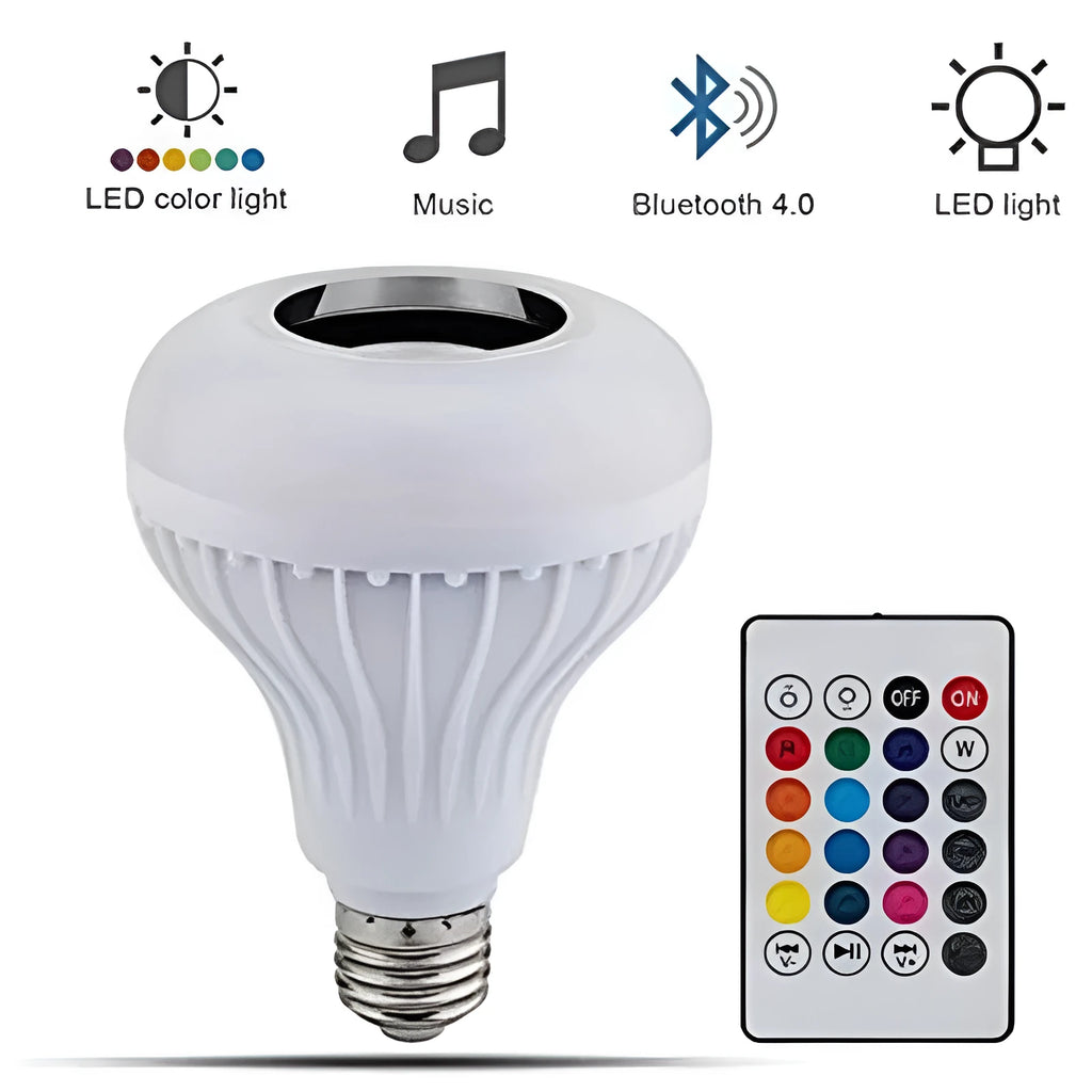White Bluetooth speaker LED bulb with E27 base showing RGB colour options and remote control