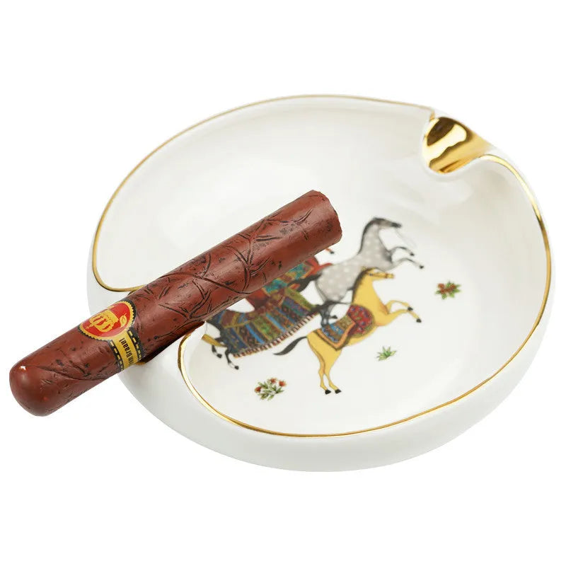 Bone ceramic cigar ashtray 175mm with hand-painted gold rim and horse motif on white background