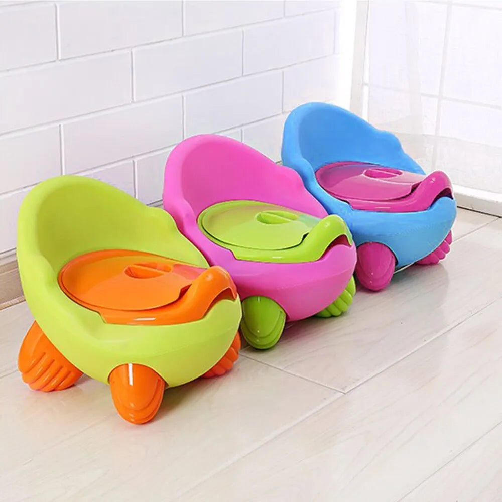 Dandan cartoon-themed baby training toilet stool in blue, green, red, pink, or light blue and green colours.