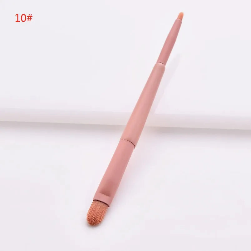 10-piece wooden handle makeup brush set with nylon bristles in a storage case.