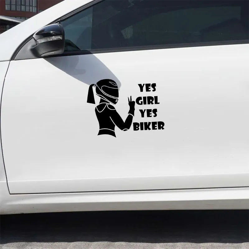 Cool girl rider character car waterproof sticker in black, white and laser colour options