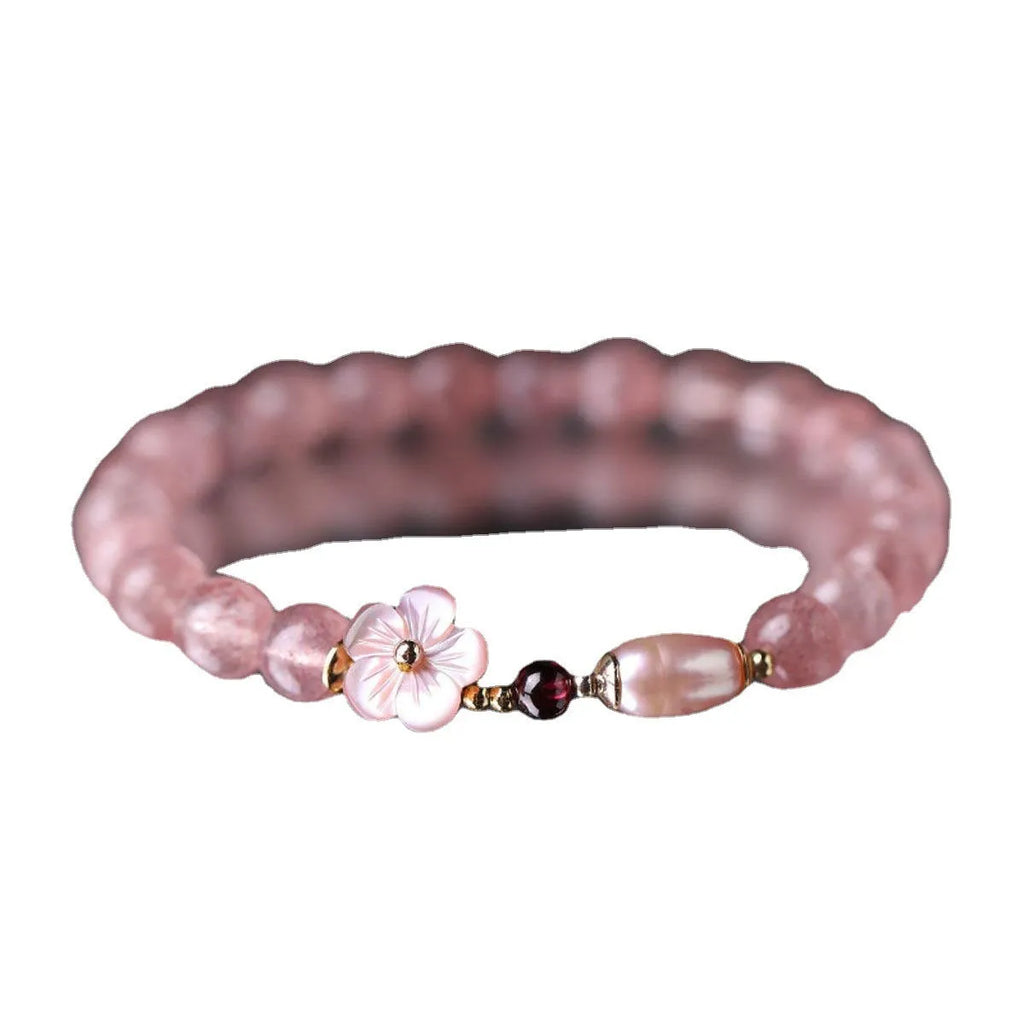 Strawberry quartz crystal flower bracelet with stretch band in peach blossom style for women