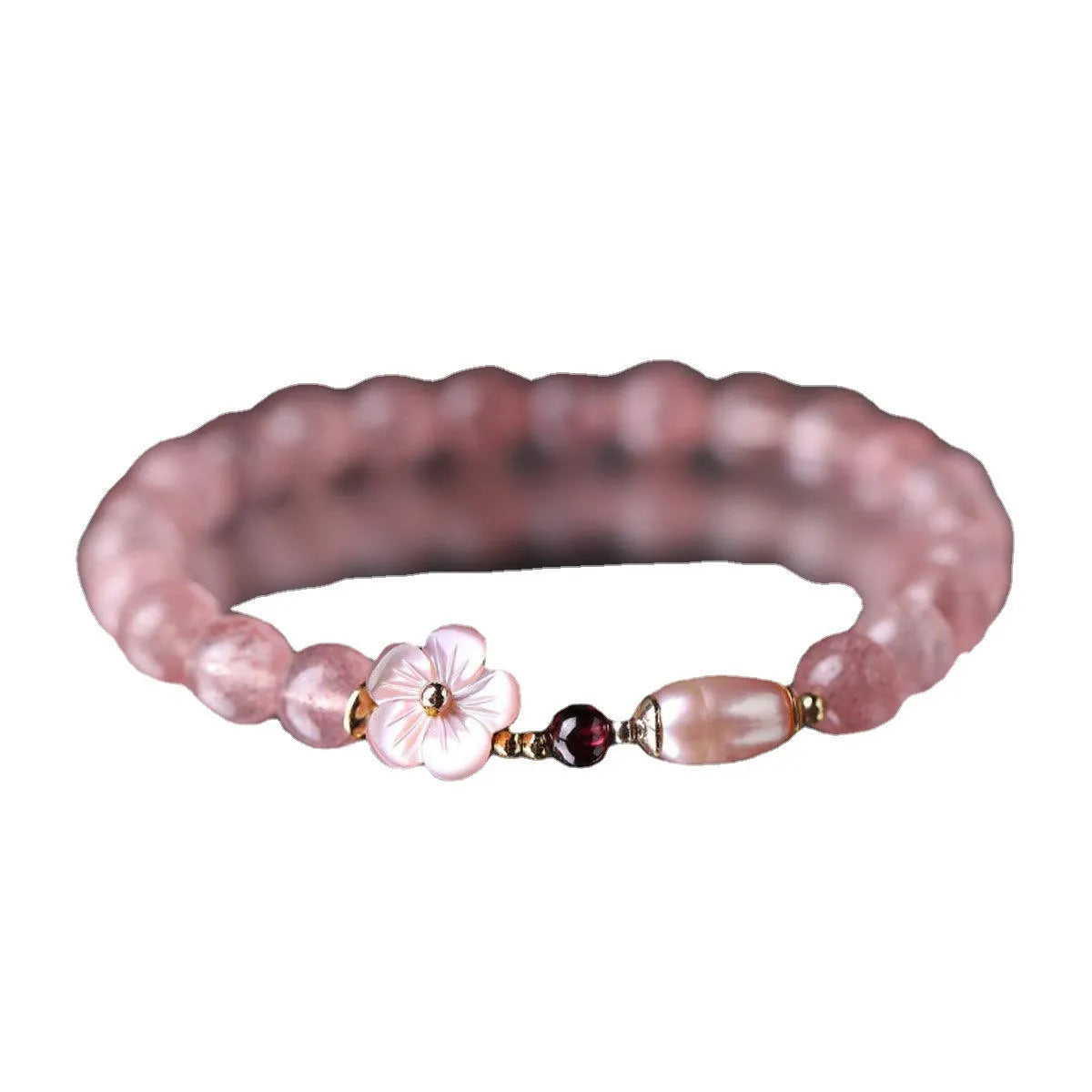 Strawberry quartz crystal flower bracelet with stretch band in peach blossom style for women