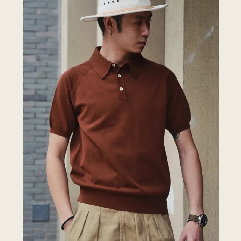 Retro slim fit knitted cotton short-sleeved T-shirt in earth-tone colours