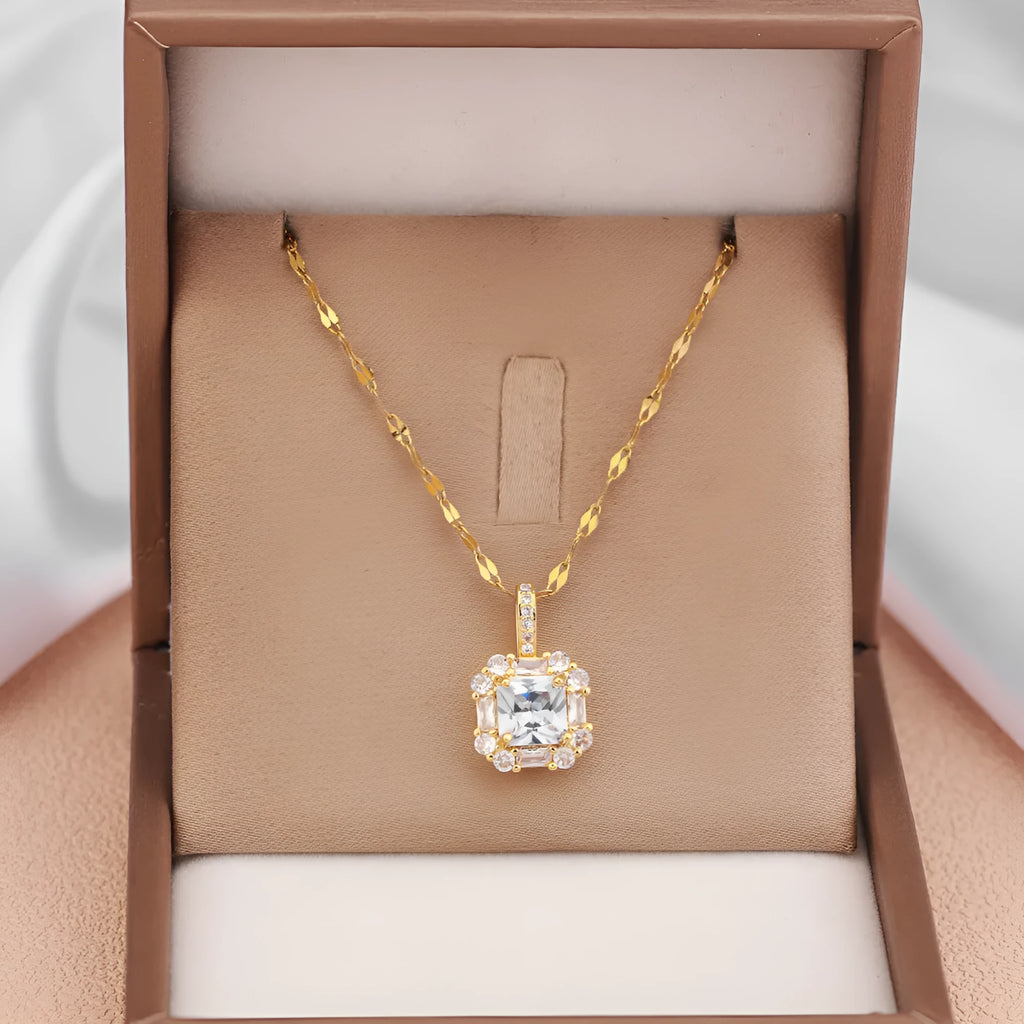 Women's titanium steel geometric clavicle chain with quadrilateral zircon pendant on water wave chain