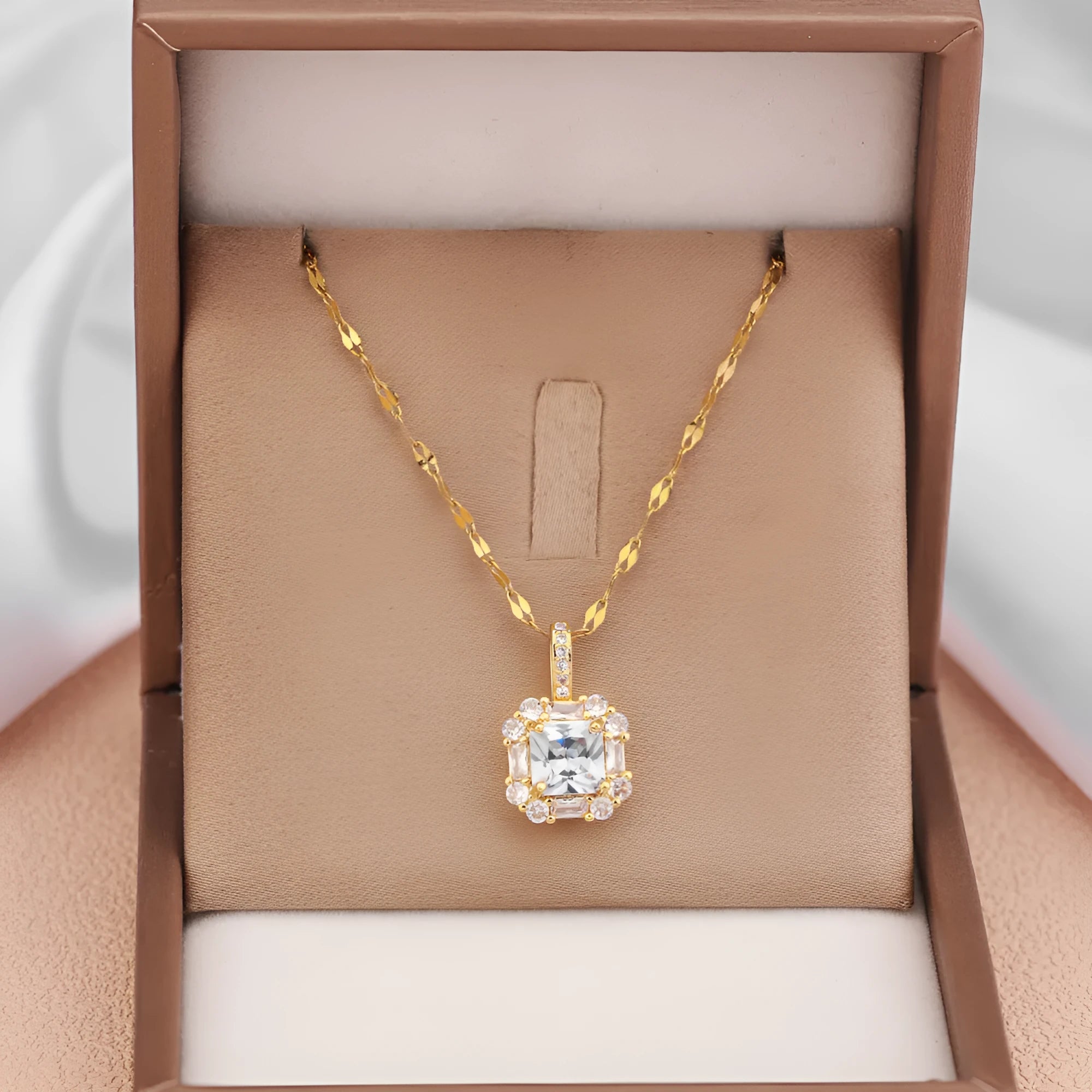 Women's titanium steel geometric clavicle chain with quadrilateral zircon pendant on water wave chain
