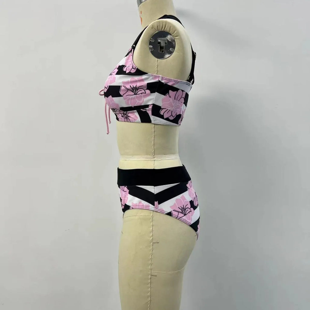 Black women's split bikini with belly coverage for swimming