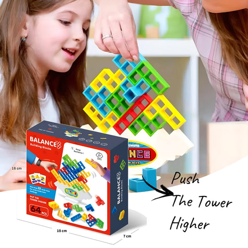 Plastic balance stacking board game with 16 colourful blocks, chassis, and base in a 26.5cm square box.