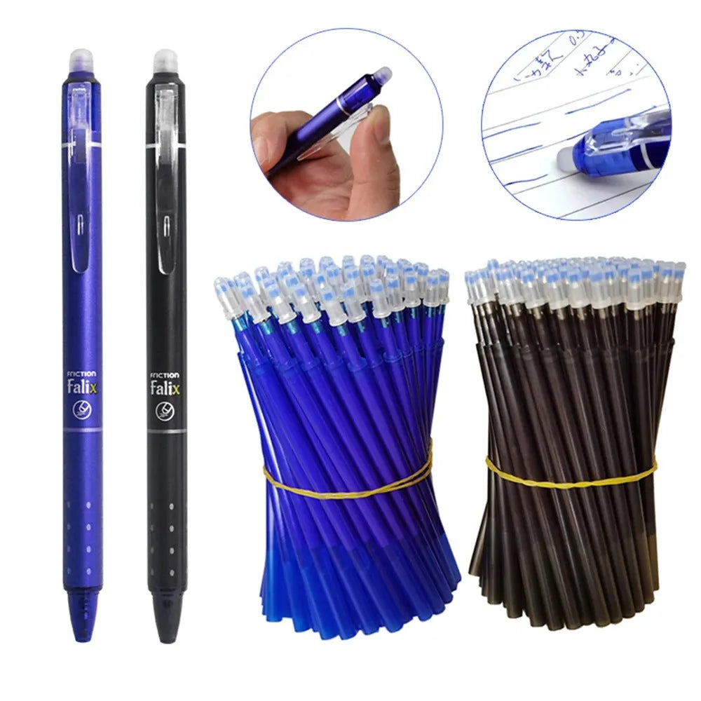 Blue and black erasable gel pens with 0.5mm tips and push-button mechanisms for school use