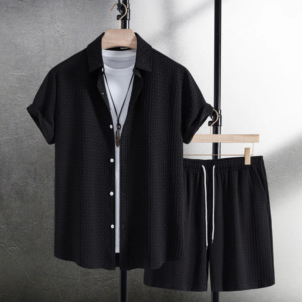 Men's beach suit with short sleeve shirt and matching shorts in cotton blend fabric