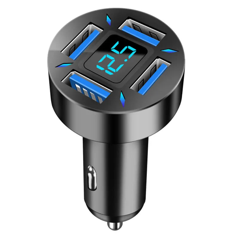 Four-port USB car charger with digital display for vehicle use