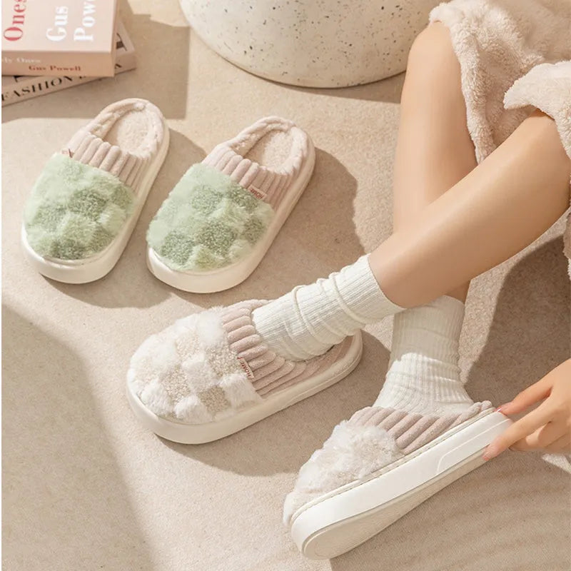 Women's plaid plush indoor slippers with coral velvet upper and non-slip PVC sole in multiple colours