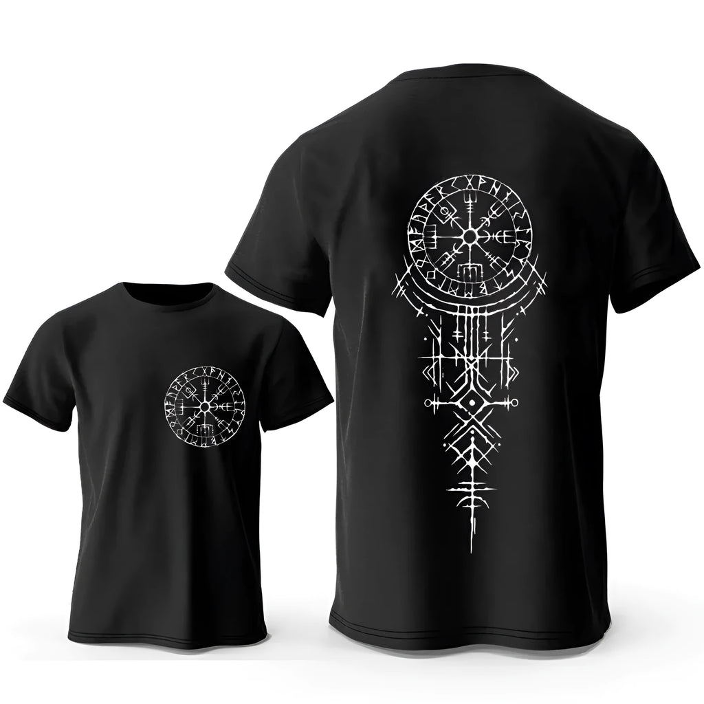 Men's grey T-shirt with a white Viking rune compass graphic on the chest