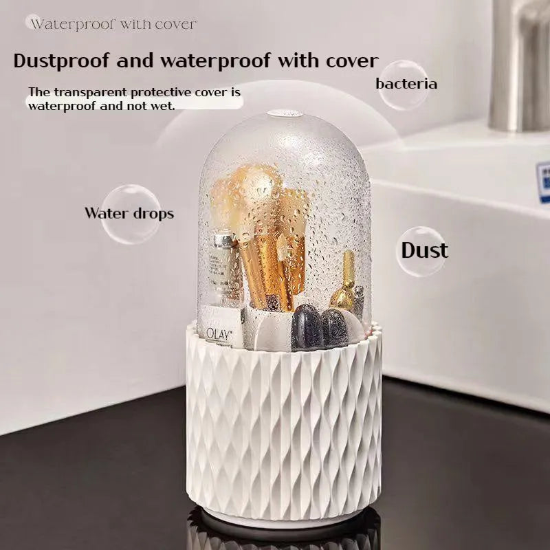 White transparent acrylic makeup brush storage box with rotating base and dustproof lid