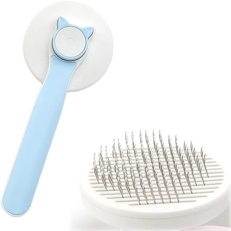 Blue self-cleaning cat and dog brush with rubber-tipped pins and a non-slip handle on a white background.