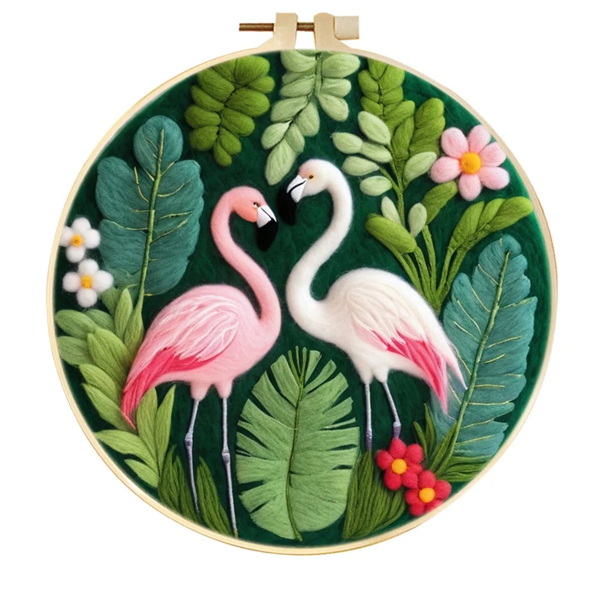 Round linen embroidery kit with wool felt materials for three-dimensional floral design