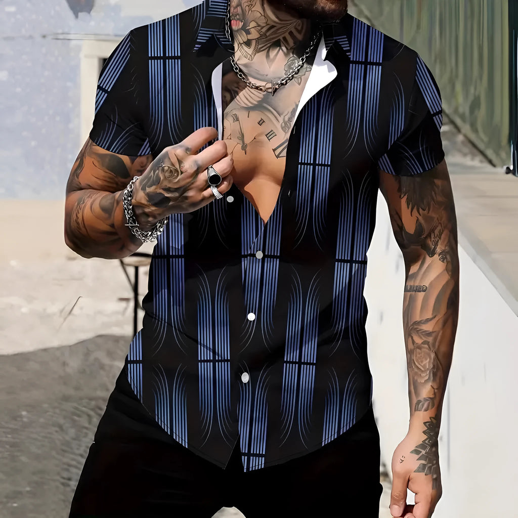 Men's slim fit geometric print lapel shirt in polyester fabric with short sleeves