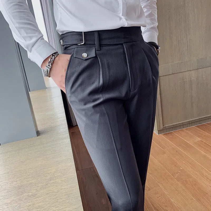 Men's solid colour straight-leg casual trousers in polyester fabric on a hanger.