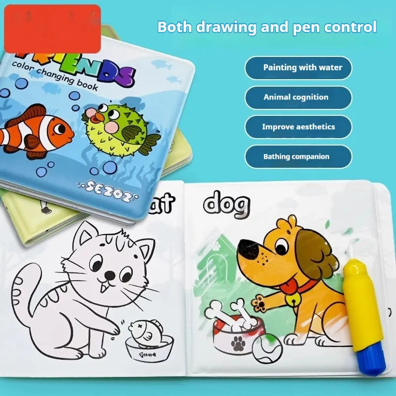 Colour changing bath book for babies with waterproof PEVA pages showing animal friends design