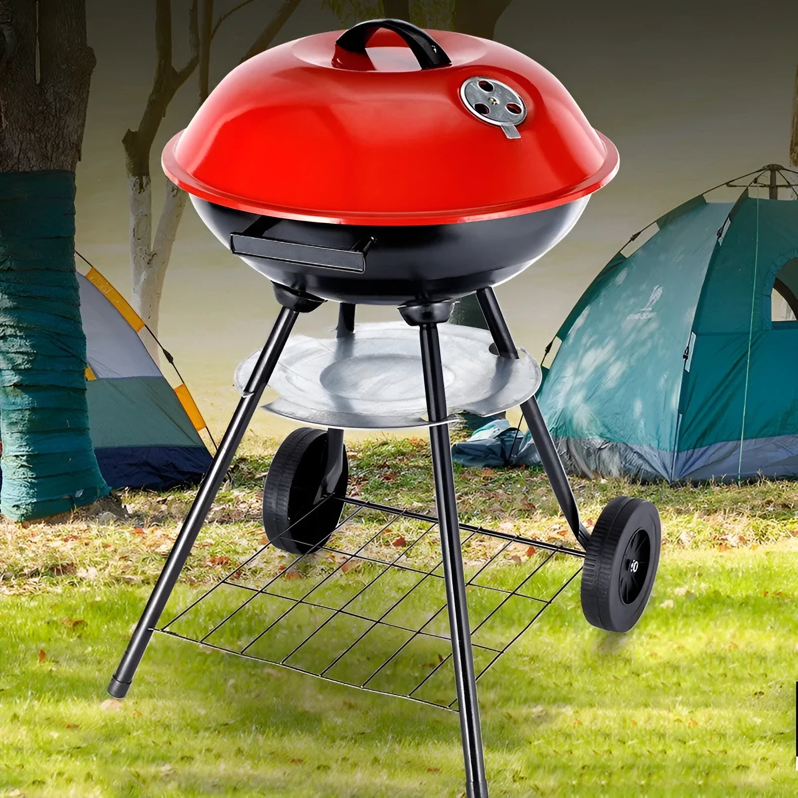 14-inch portable iron barbecue grill with modern minimalist design on a circular cooking surface