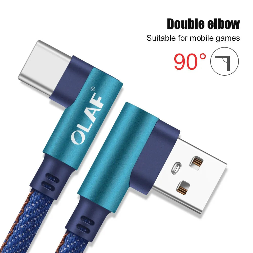 USB fast charging cable with denim fabric sleeve, showing Android and Type C connector options in red colour.