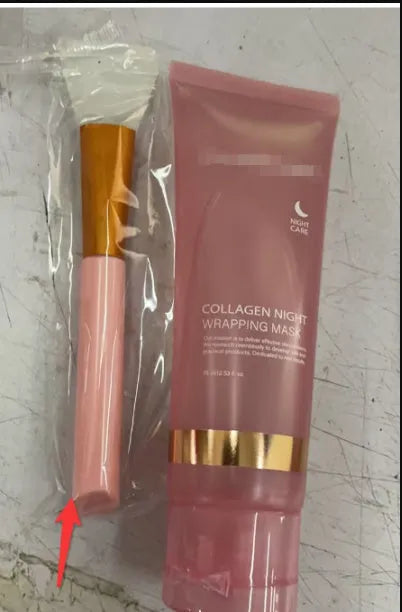 75ml bottle of collagen night face mask with application brush for skin firming and hydration.