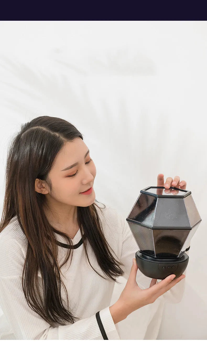 Children's rotating stars LED night light projecting coloured stars on a wall.