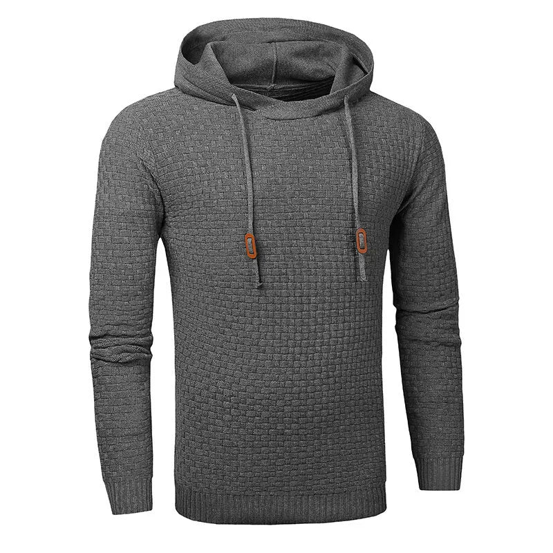 Men's black cotton-polyester blend hooded sweatshirt on a hanger.