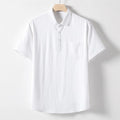 Men's loose-fit linen-blend T-shirt with a lapel collar in black, shown on a hanger.