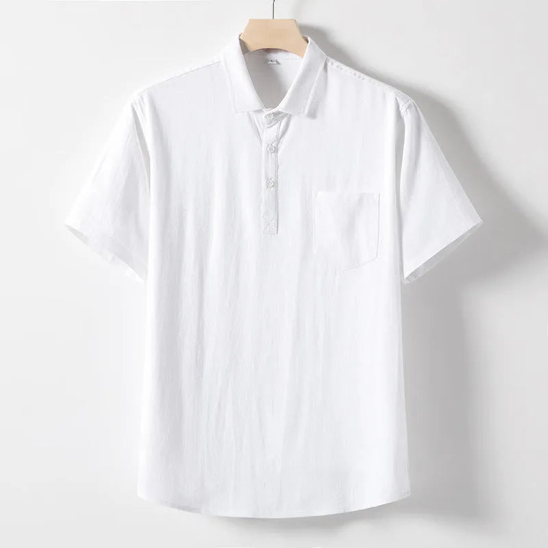Men's loose-fit linen-blend T-shirt with a lapel collar in black, shown on a hanger.
