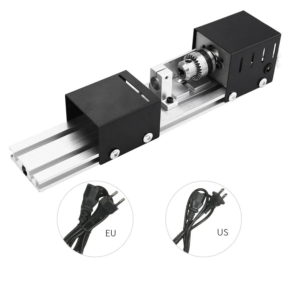 Mini metal silver woodworking lathe with carving knives and accessories for small craft projects