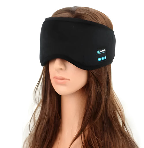 Black Bluetooth sleep eye mask with integrated wireless earphones for music playback during rest