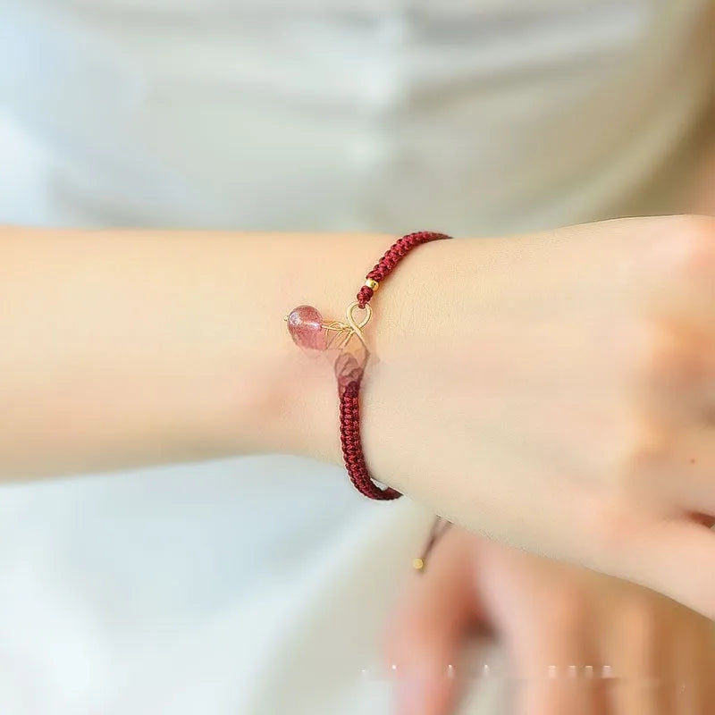 Women's natural strawberry quartz bracelet with fruit-shaped crystal beads in purple, green, and pink colour options