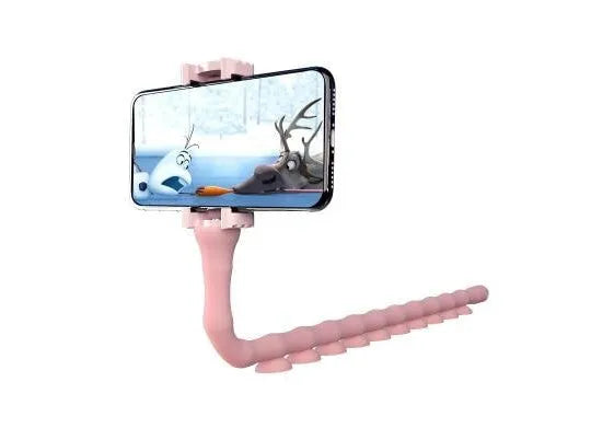 Flexible black suction cup phone holder bent into position on a desktop