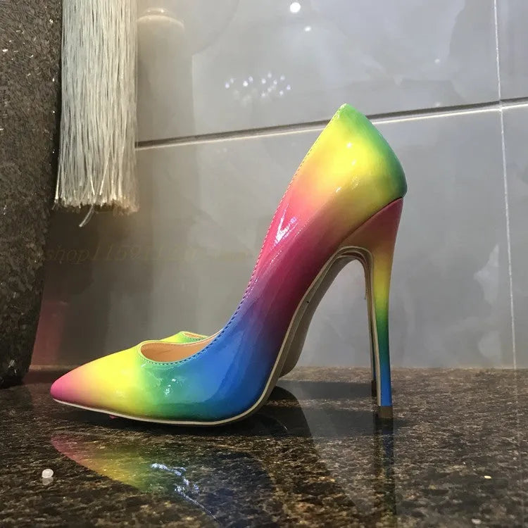 Rainbow coloured women's patent leather sandals with a pointed toe and an ultra-high thin heel.