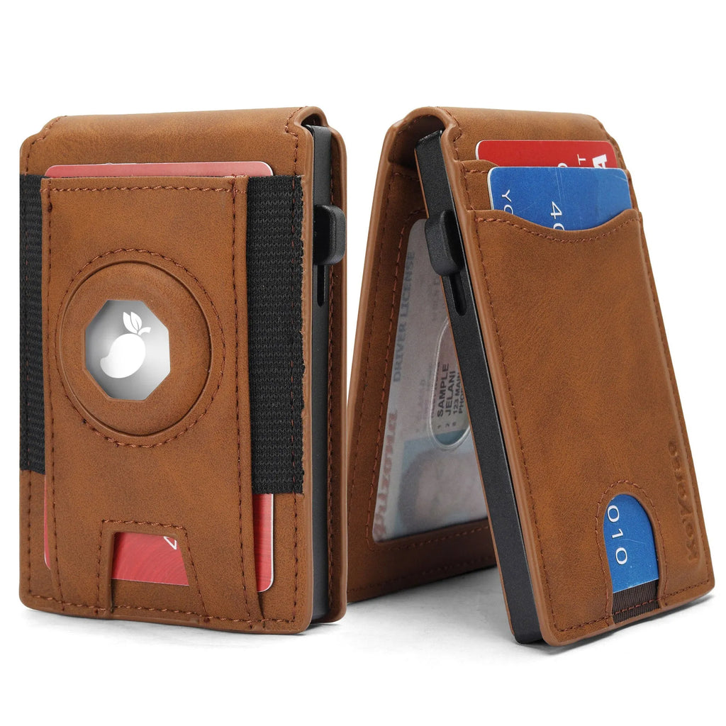 Men's slim RFID blocking card holder wallet in microfiber synthetic leather, shown in black, dark brown, and light brown.
