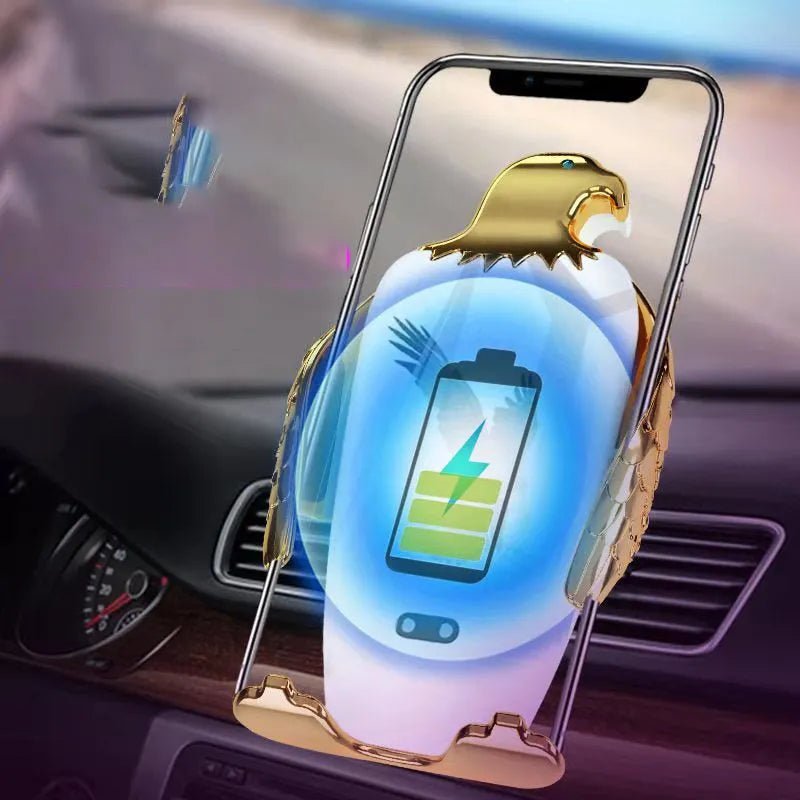 Black and gold wireless charging car phone holder with eagle design and suction cup.