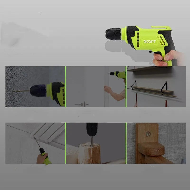Pistol grip electric power drill on a workbench with a 10mm drill bit.