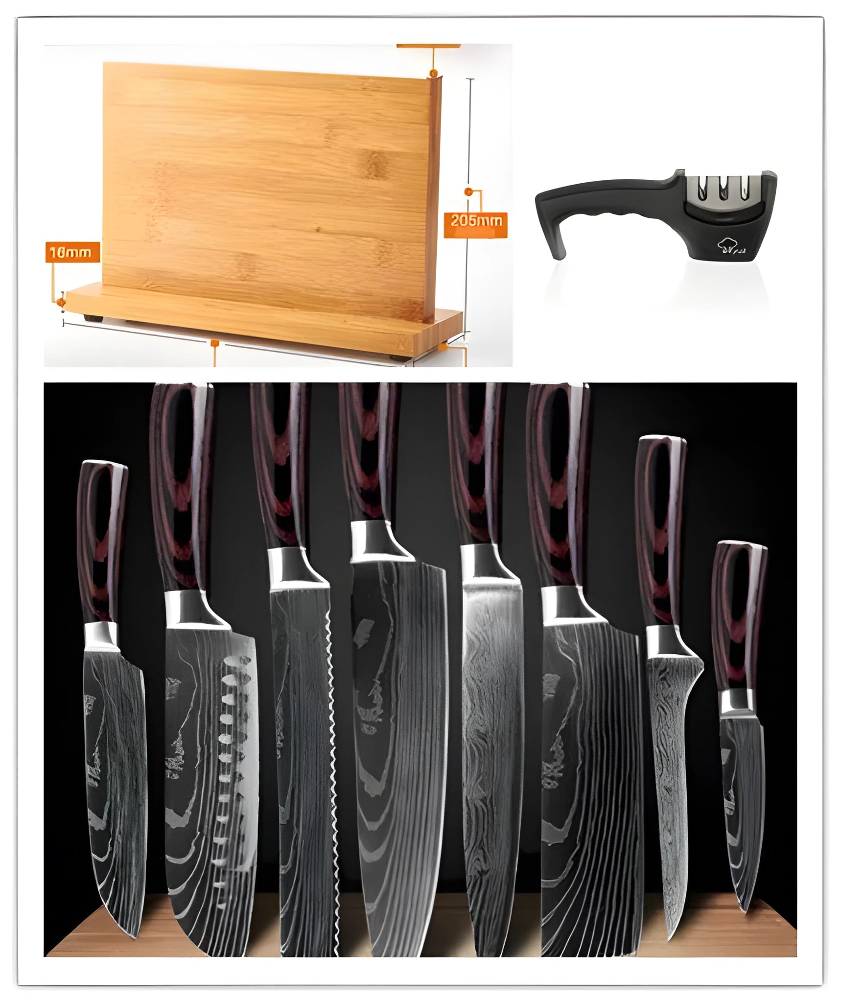 Professional 11-piece kitchen knife set including 4Cr13MoV steel knives, a Damascus steel chef's knife, and a high-carbon steel vegetable knife.