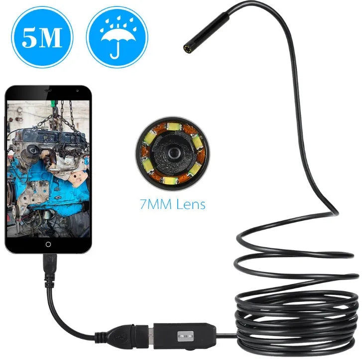 OWSOO USB endoscope camera with 5m cable, 6 LED lights, hook, magnet, and side mirror attachments