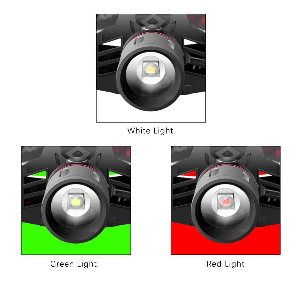T6 LED zoom headlamp showing white, red, and green light beams with adjustable focus.