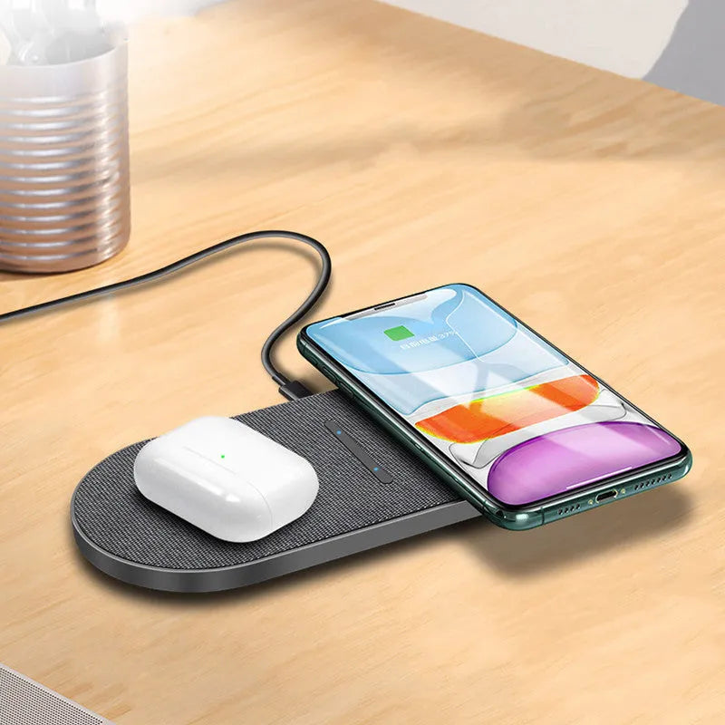 Black wireless charger pair with 10W quick charge capability and status indicator lights