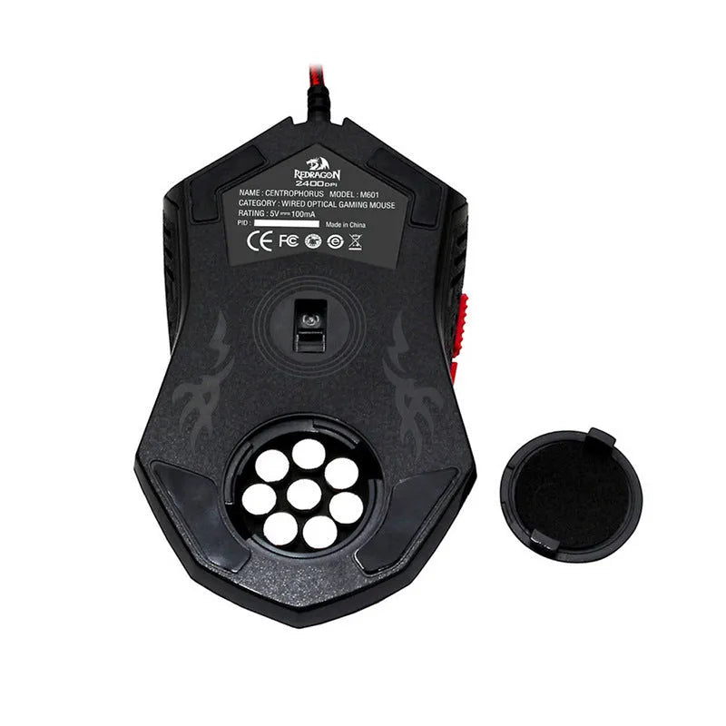 Black and red ergonomic USB wired gaming mouse with six buttons on a desk.