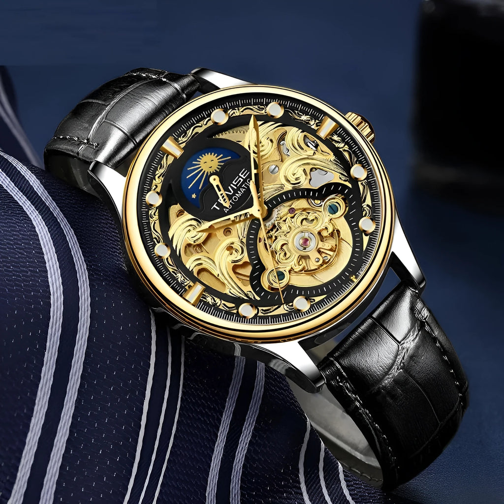Men's waterproof automatic mechanical watch with leather strap and 16mm gold case