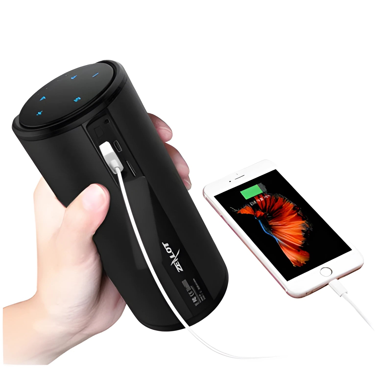 Compact portable Bluetooth speaker in black, blue, or red, showing dimensions of 72mm by 72mm by 170mm.