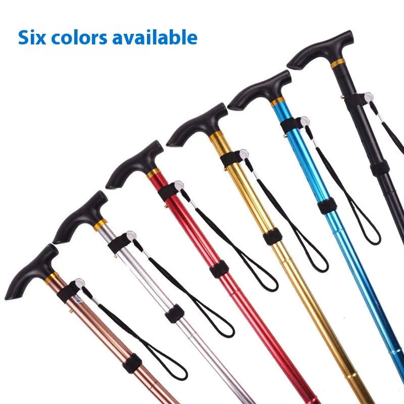 Aluminium alloy folding walking cane shown extended and collapsed, with non-slip handle.
