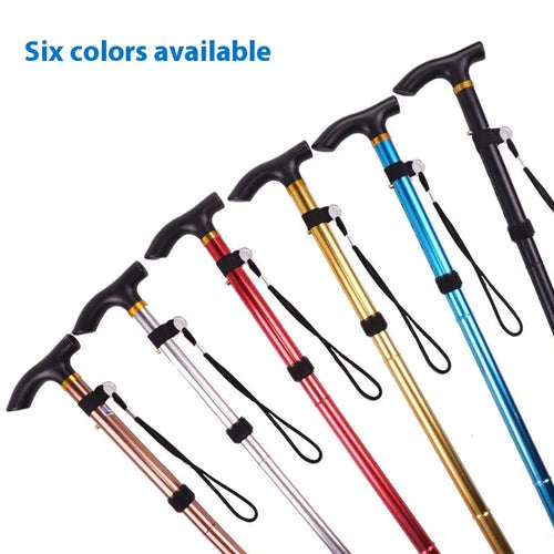 Aluminium alloy folding walking cane shown extended and collapsed, with non-slip handle.